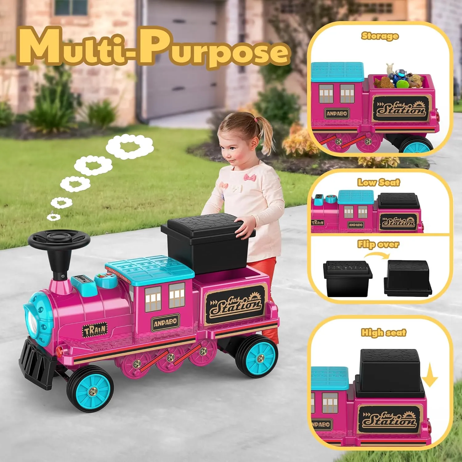 ANPABO 2-Seater Ride On Train Trackless, 12V Kids Car with Height-Adjustable Seat, Extra Storage, Headlight, Train Whistle & Music, Electric Car for Kids 3  (Carriage Not Included), Rose Red