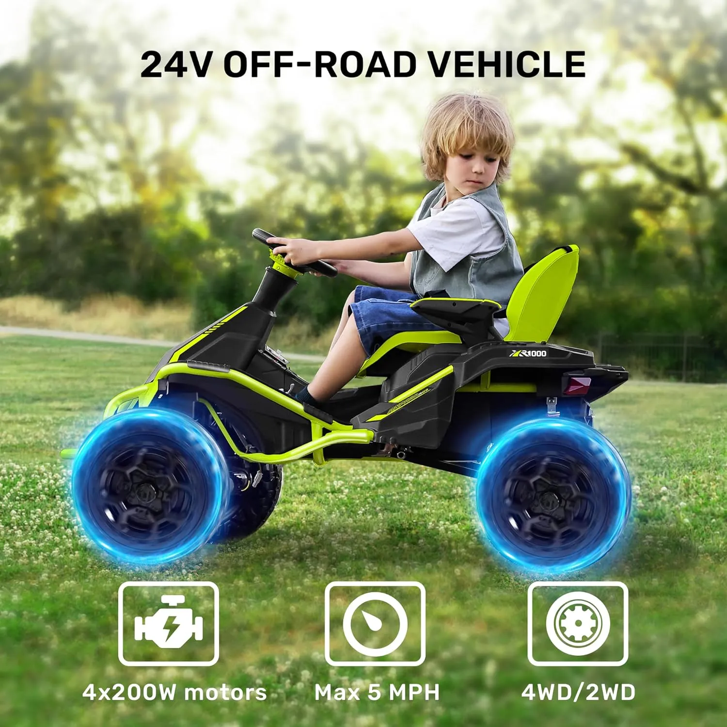 ANPABO 24V 4x4 Ride On Toy for Big Kids, 4x200W Motors, 5MPH, Kids Car w/Parent Remote, Wide Adjustable Seat, Headlights, Metal Frame, Shock Absorbers, 4 Wheeler Quad for Kids 3-12, Green