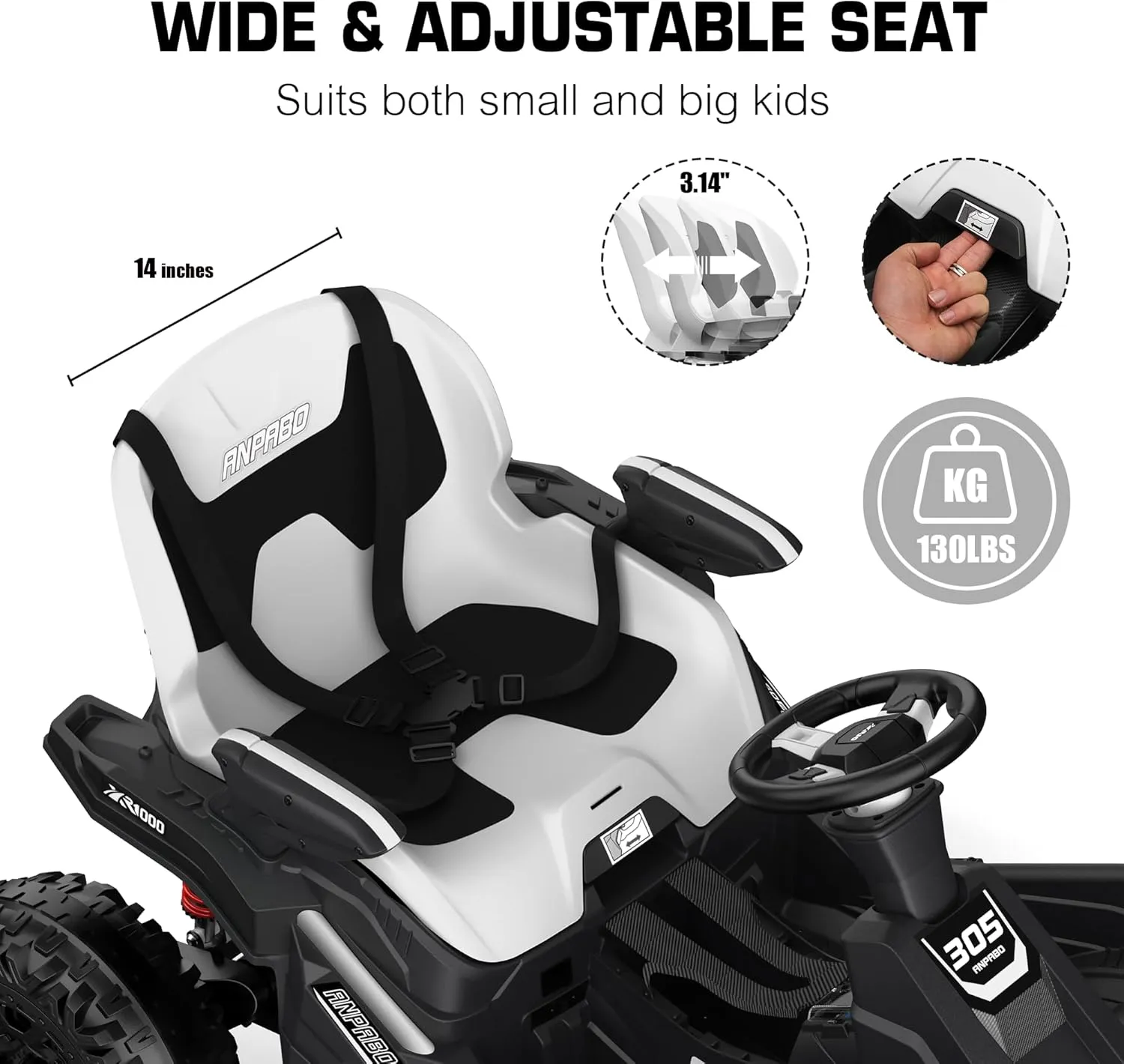 ANPABO 24V 4x4 Ride On Toy for Big Kids, 4x200W Motors, 5MPH, Kids Car w/Parent Remote, Wide Adjustable Seat, Headlights, Metal Frame, Shock Absorbers, 4 Wheeler Quad for Kids 3-12, White