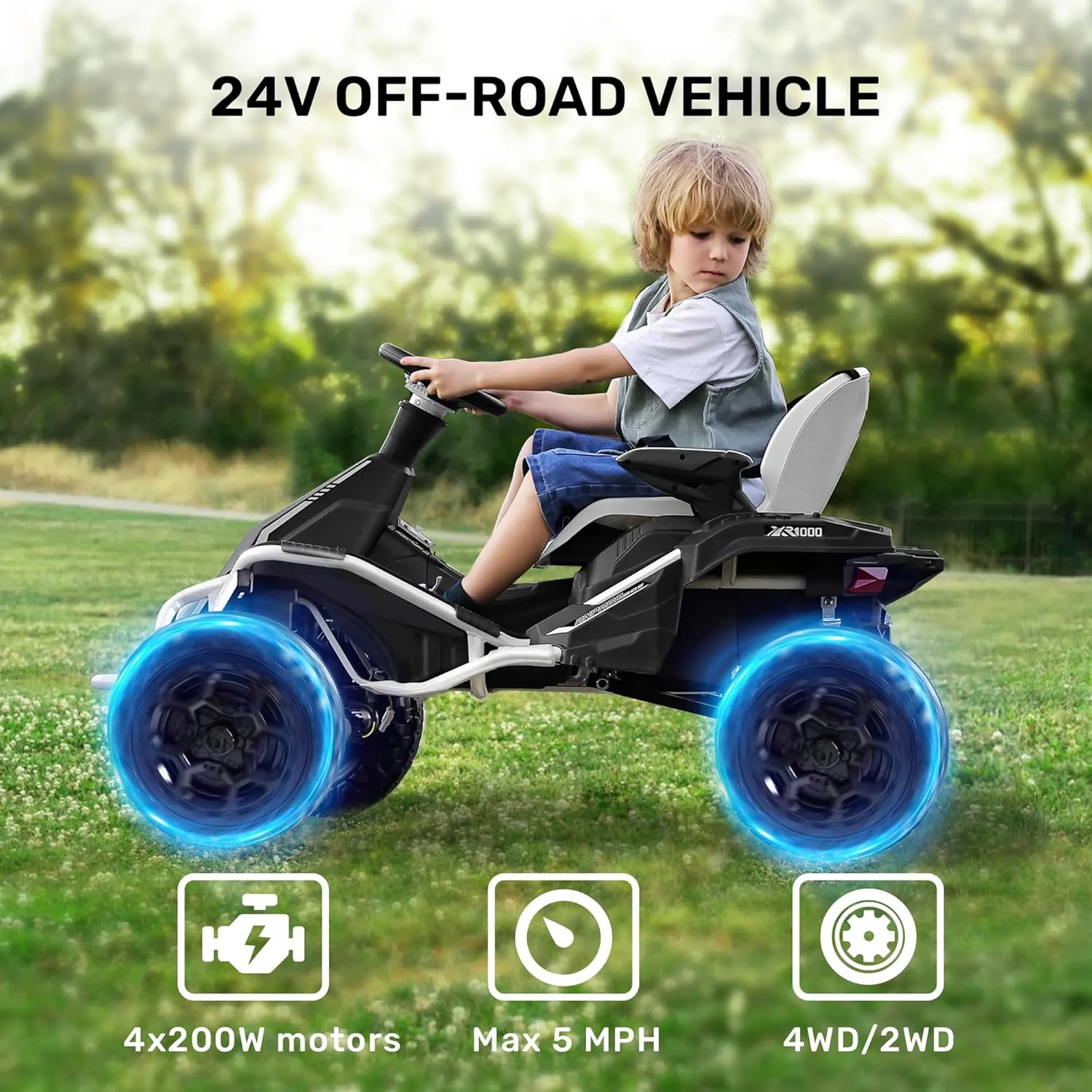 ANPABO 24V 4x4 Ride On Toy for Big Kids, 4x200W Motors, 5MPH, Kids Car w/Parent Remote, Wide Adjustable Seat, Headlights, Metal Frame, Shock Absorbers, 4 Wheeler Quad for Kids 3-12, White