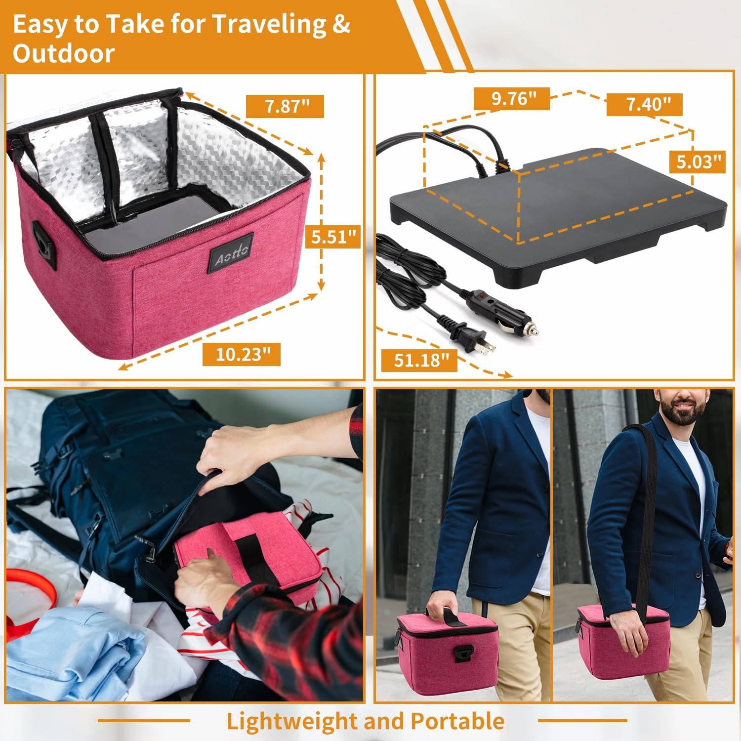 Aotto Portable Electric Lunch Box Food Heater, 12V/24V/110V 3-in-1 Car Food Warmer Heated Lunch Box for Adults, Cook, Reheat & Keep Meals Warm for Car, Truck, Travel, Work, Home - Pink