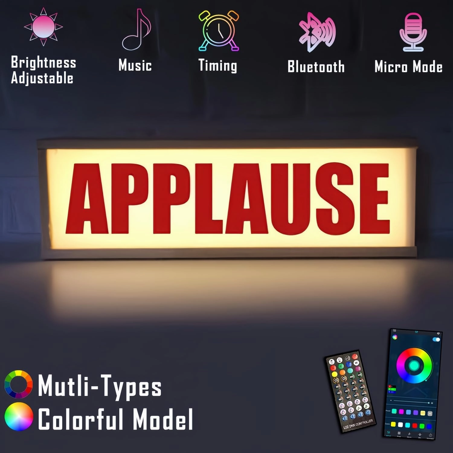 Applause RGB LED Neon Lightbox Wall Mountable Pulsing Remote & APP Control Light Sign Illuminated Music Sync Timer Setting Lights for Recording Studio Cinema Libraries Cafes Home Company USB Powered