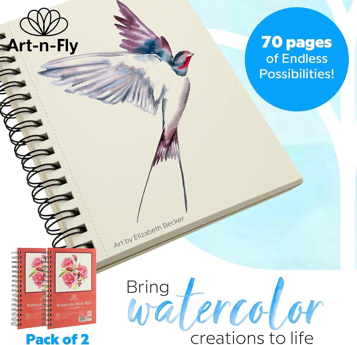 Art-n-Fly 5.5 x 8.5 in Watercolor Sketchpad Mini Book - 2 Pack x 35 Sheets Each- Spiral Bound and Microperforated - 300gsm / 140lb 8.5x5.5'