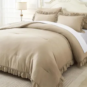 ARTALL Twin Comforter Set Reyna Ruffled Comforter Sets 2 Pieces with 1 Pillow Sham, Vintage Farmhouse Shabby Chic Bedding Soft Fluffy Comforter Set All Season for Teens and Girls, Oatmeal