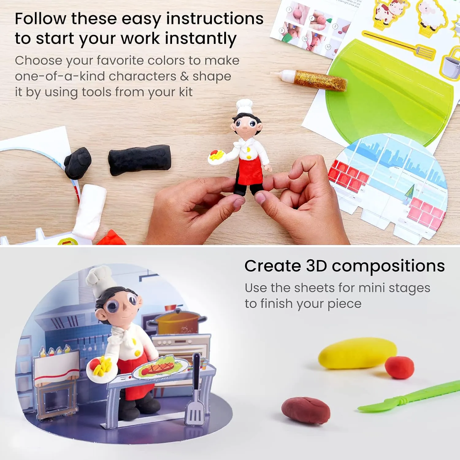 Arteza Kids Air Dry Clay, 42 Bars, Dream Career Modeling Clay Kit, 14 Mini-Stages, 14 Googly Eyes, 3 Glitter Glues, 1 Craft Tool, 7 Instruction Sheets, Craft Supplies for Learning and Developing