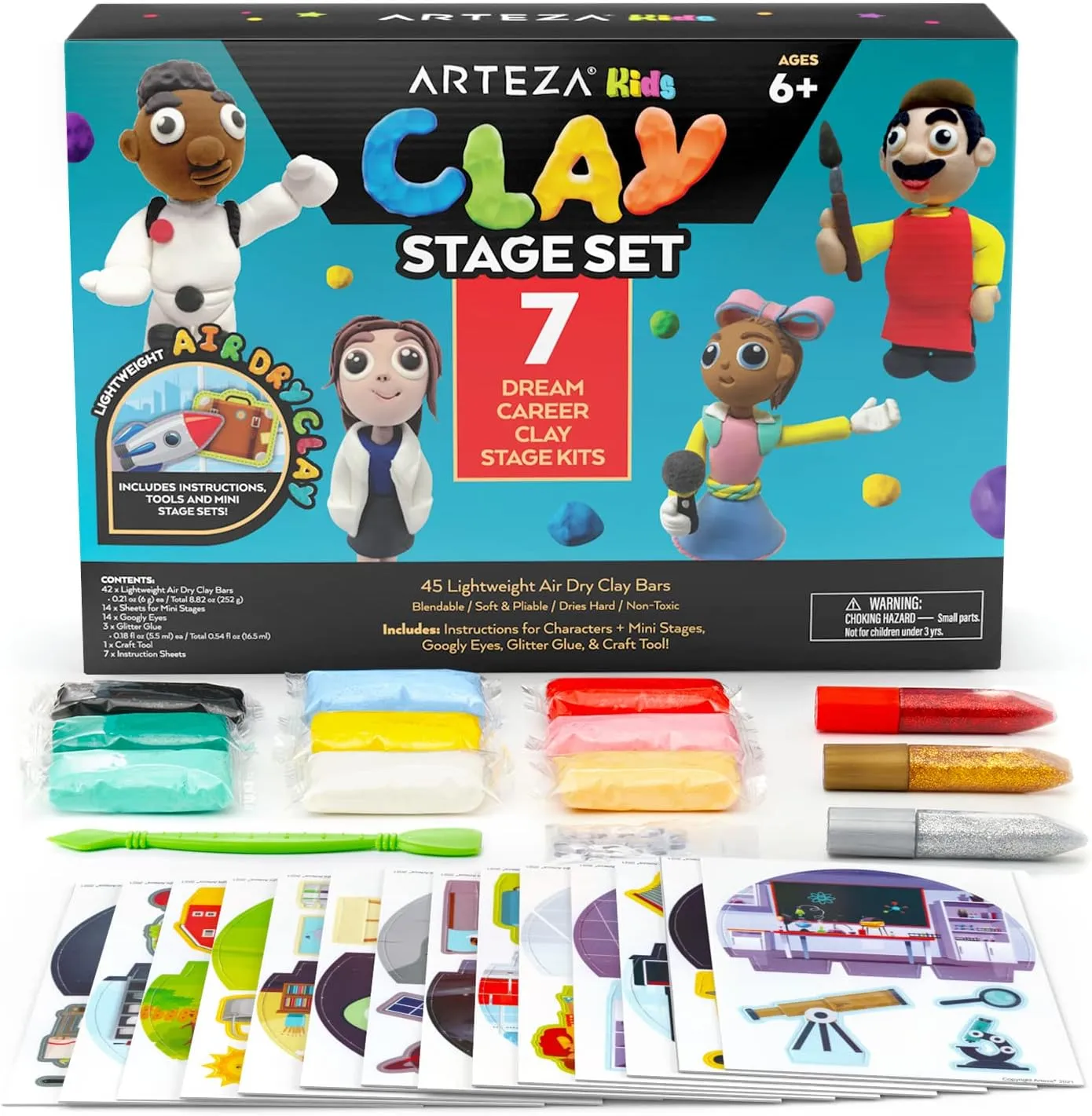 Arteza Kids Air Dry Clay, 42 Bars, Dream Career Modeling Clay Kit, 14 Mini-Stages, 14 Googly Eyes, 3 Glitter Glues, 1 Craft Tool, 7 Instruction Sheets, Craft Supplies for Learning and Developing
