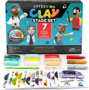 Arteza Kids Air Dry Clay, 42 Bars, Dream Career Modeling Clay Kit, 14 Mini-Stages, 14 Googly Eyes, 3 Glitter Glues, 1 Craft Tool, 7 Instruction Sheets, Craft Supplies for Learning and Developing