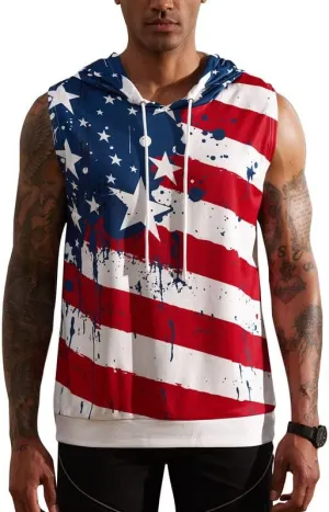 Arvilhill Men's 4th of July Hooded Tank Tops American Flag Sleeveless Shirts Patriotic Muscle Cutoff Shirt (S-XXL)
