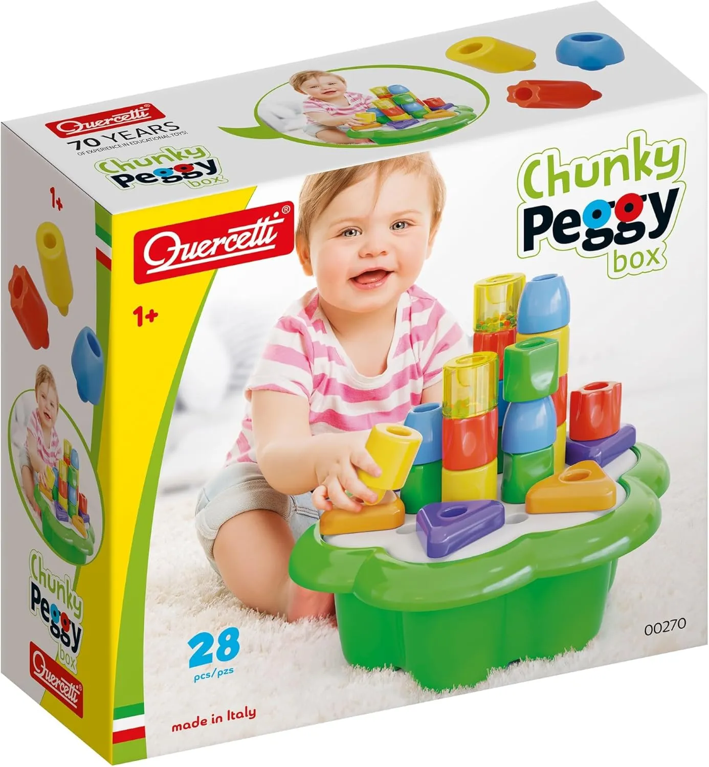 ASO Quercetti: Chunky Peggy - 28pc Peg Blocks Stacking Toy, Shapes Sorting Set, 2 Rattles, Building, Daisy Basket w/Built-in Storage, Baby & Toddler 1 