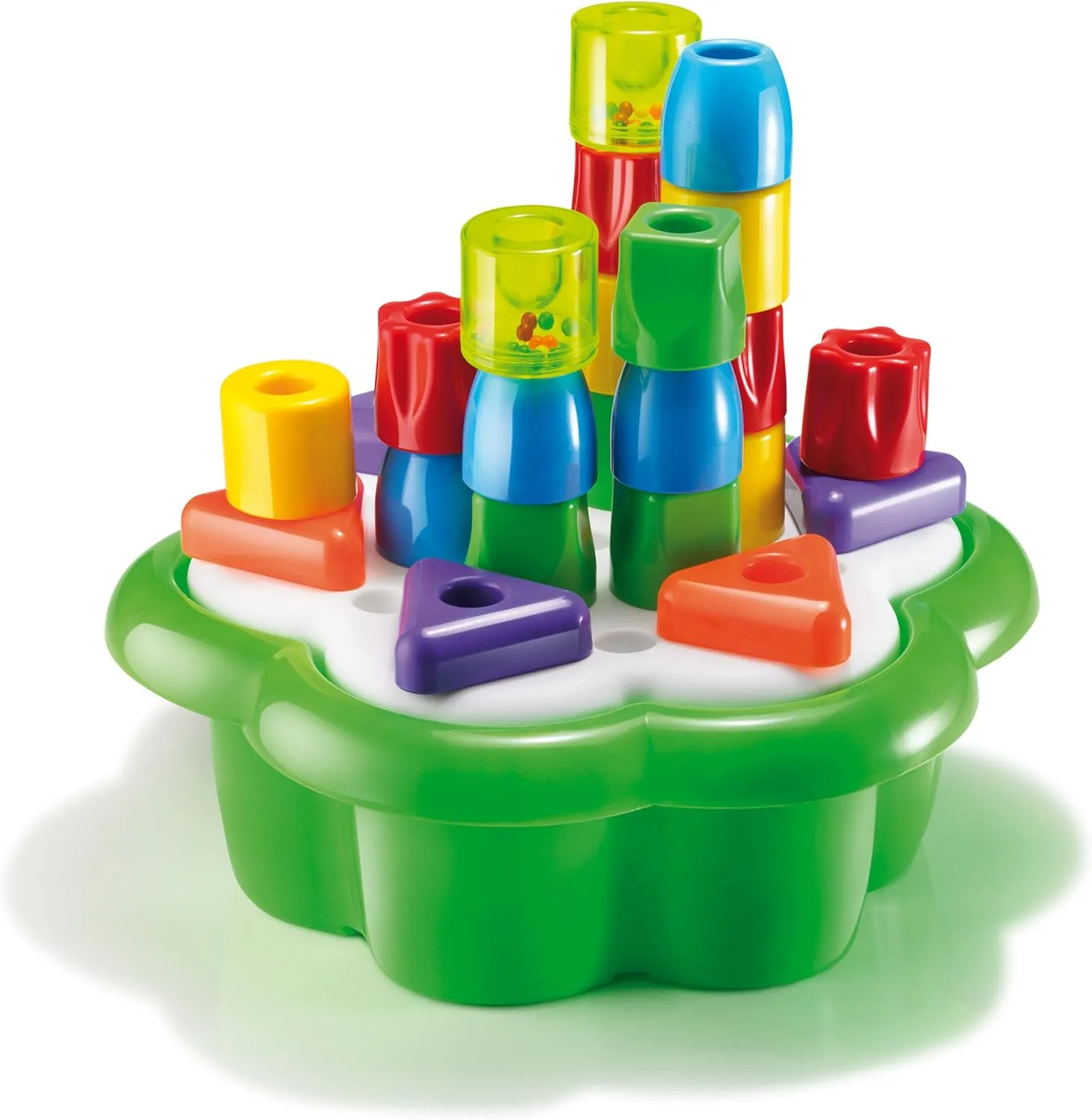ASO Quercetti: Chunky Peggy - 28pc Peg Blocks Stacking Toy, Shapes Sorting Set, 2 Rattles, Building, Daisy Basket w/Built-in Storage, Baby & Toddler 1 