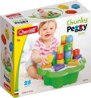 ASO Quercetti: Chunky Peggy - 28pc Peg Blocks Stacking Toy, Shapes Sorting Set, 2 Rattles, Building, Daisy Basket w/Built-in Storage, Baby & Toddler 1 