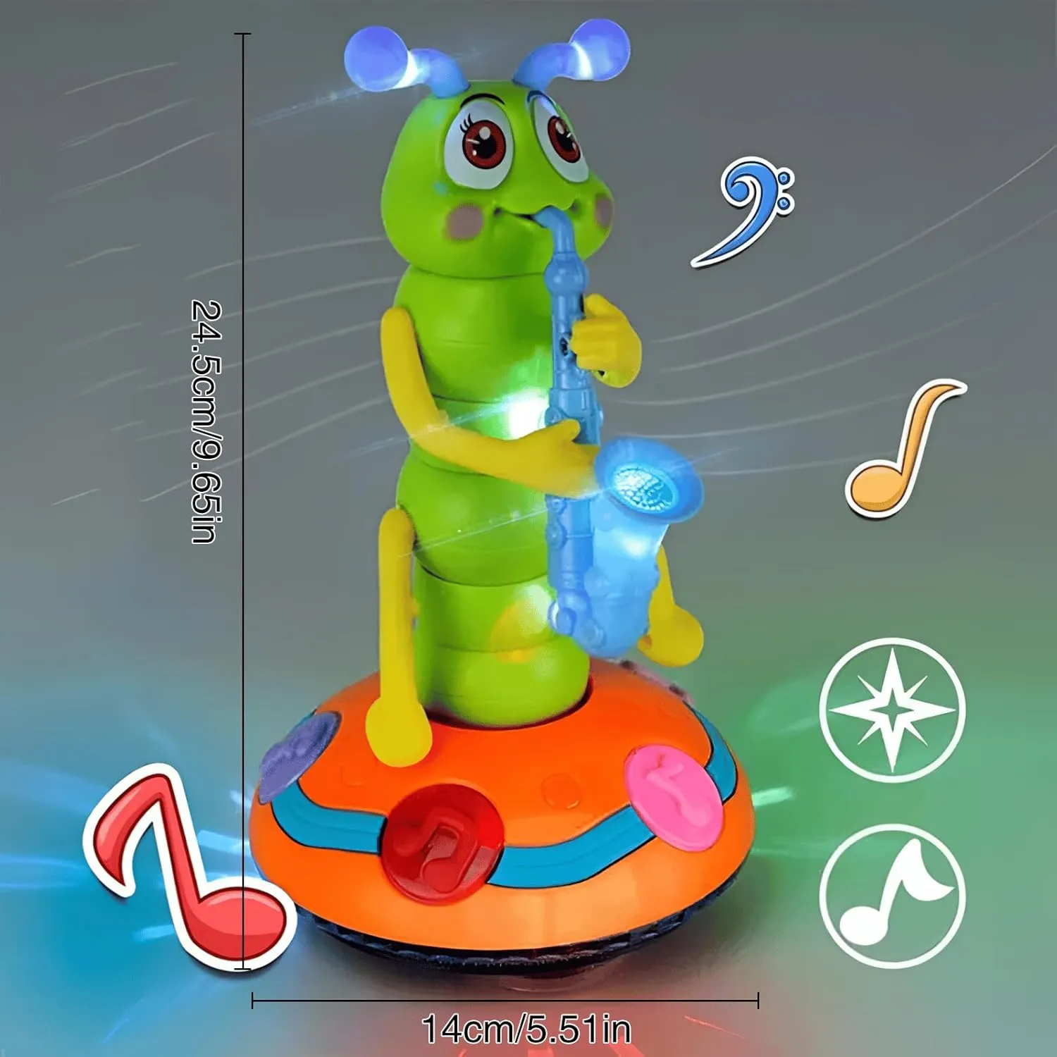 Atlodas Children's Electric Caterpillar Saxophone Toys, Dancing Saxophone Caterpillar, Battery Powered Baby Sensory Musical Toys with Music and LED Lights (2 Set)