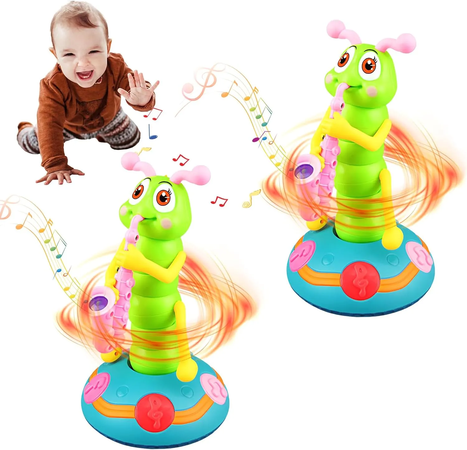 Atlodas Children's Electric Caterpillar Saxophone Toys, Dancing Saxophone Caterpillar, Battery Powered Baby Sensory Musical Toys with Music and LED Lights (2 Set)
