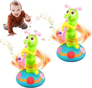 Atlodas Children's Electric Caterpillar Saxophone Toys, Dancing Saxophone Caterpillar, Battery Powered Baby Sensory Musical Toys with Music and LED Lights (2 Set)