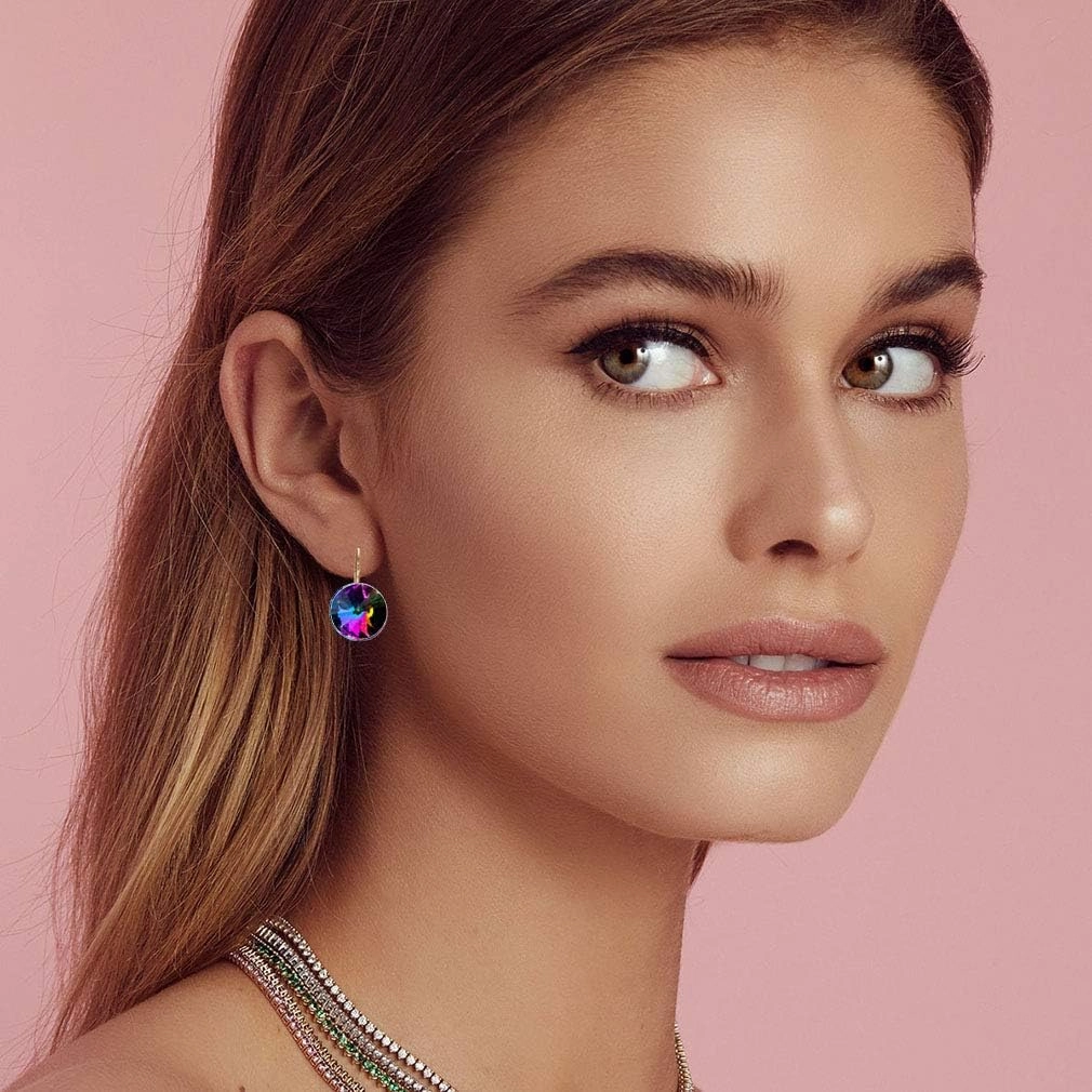 Austrian Crystal Round Drop Earrings for Women 14K Gold Plated Hypoallergenic Leverback Hoop Earrings