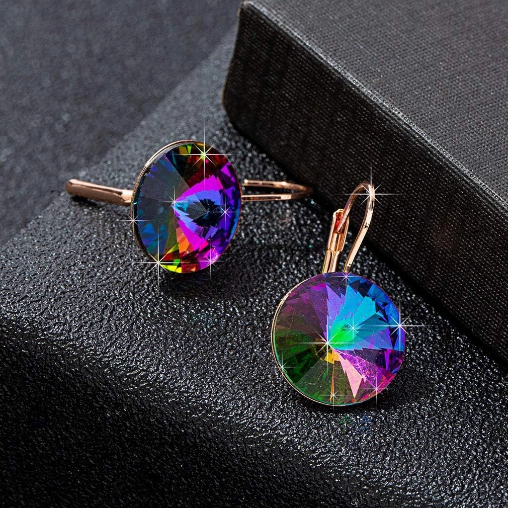 Austrian Crystal Round Drop Earrings for Women 14K Gold Plated Hypoallergenic Leverback Hoop Earrings