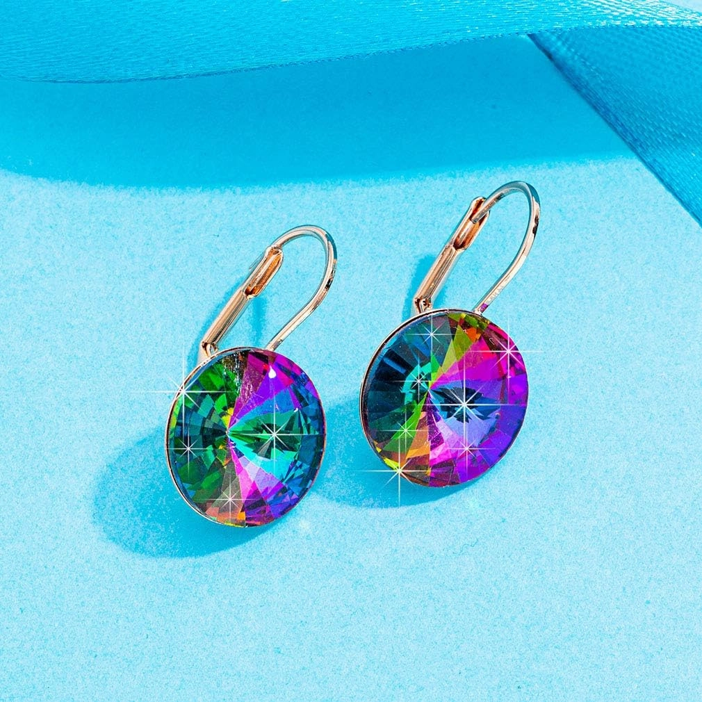Austrian Crystal Round Drop Earrings for Women 14K Gold Plated Hypoallergenic Leverback Hoop Earrings