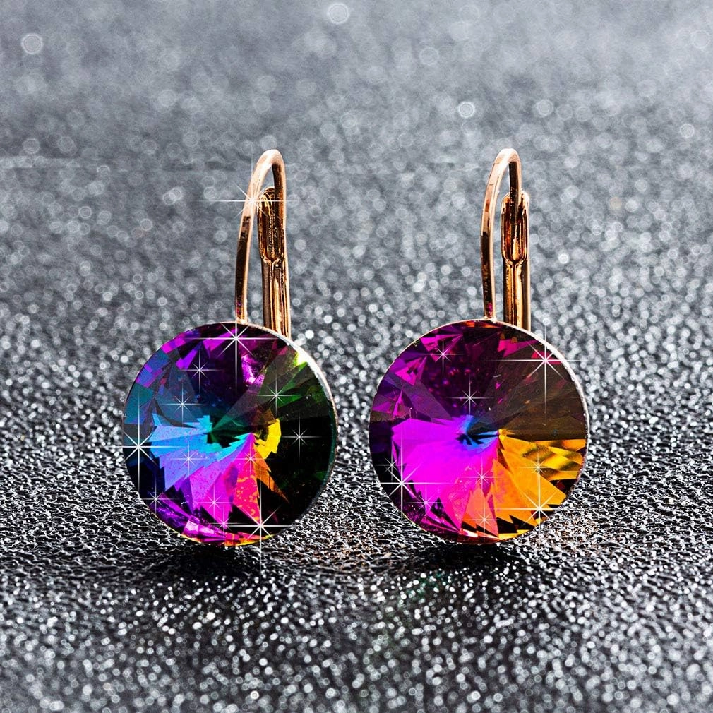Austrian Crystal Round Drop Earrings for Women 14K Gold Plated Hypoallergenic Leverback Hoop Earrings