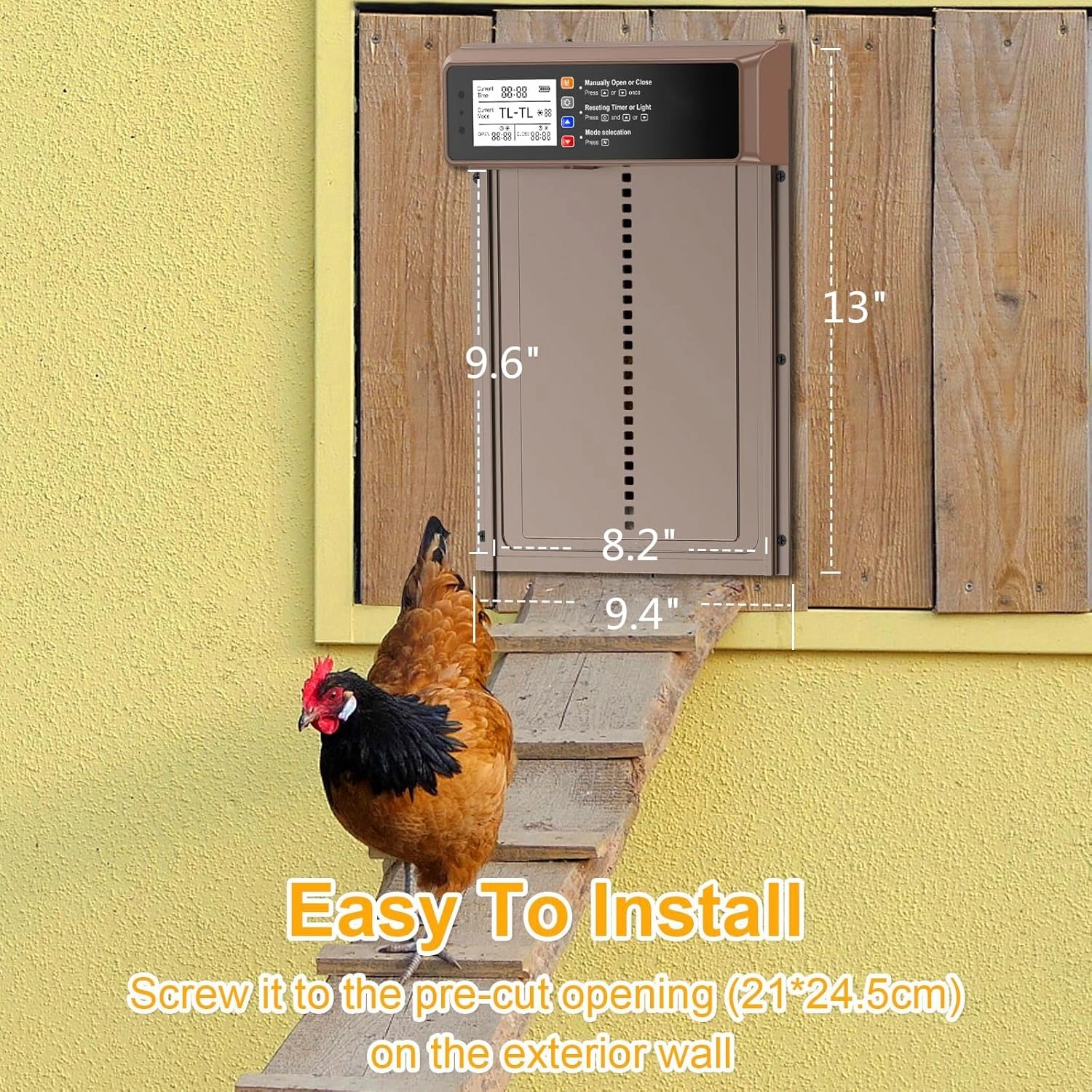 Automatic Chicken Coop Door Solar Powered, LCD Display Automatic Chicken Door with Timer & Light Sensor, Aluminum Alloy Chicken Door with Remote Control & 4 Modes