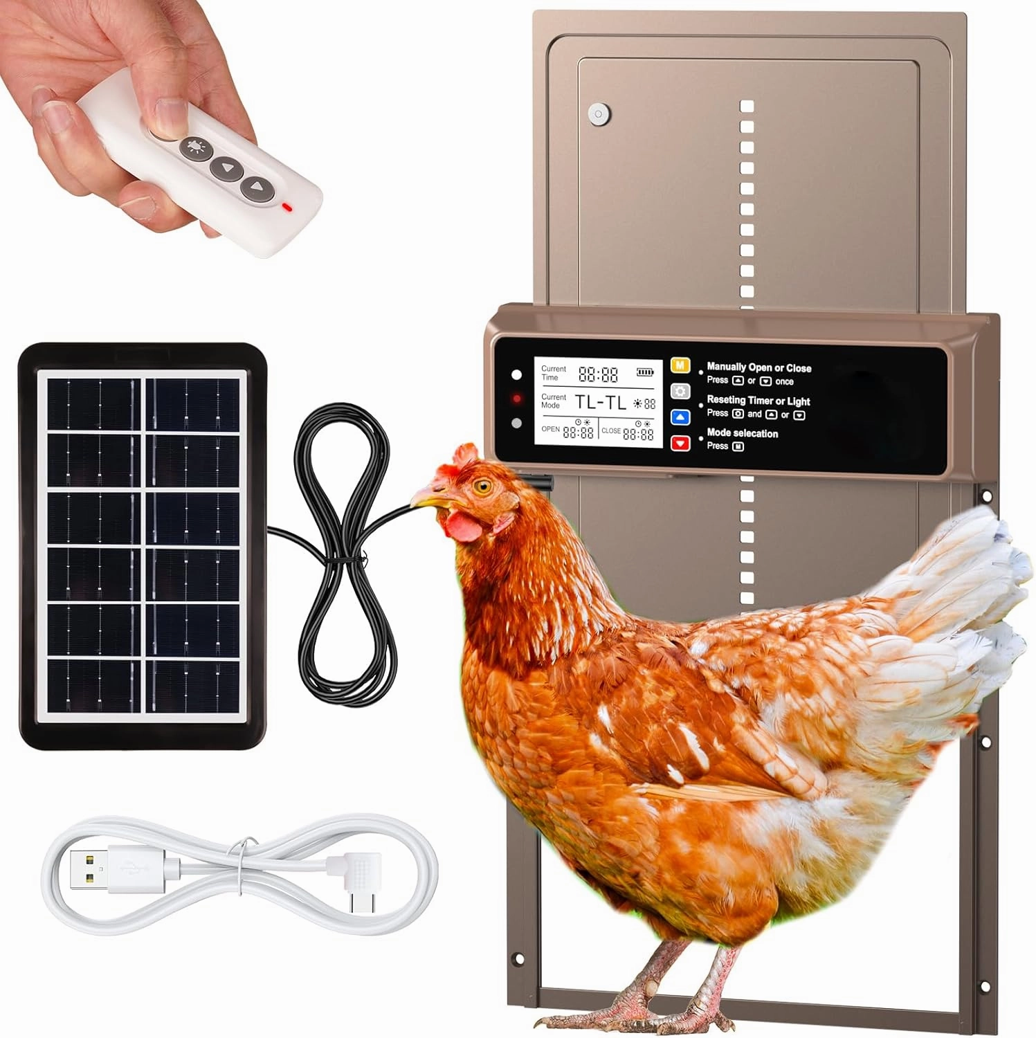 Automatic Chicken Coop Door Solar Powered, LCD Display Automatic Chicken Door with Timer & Light Sensor, Aluminum Alloy Chicken Door with Remote Control & 4 Modes