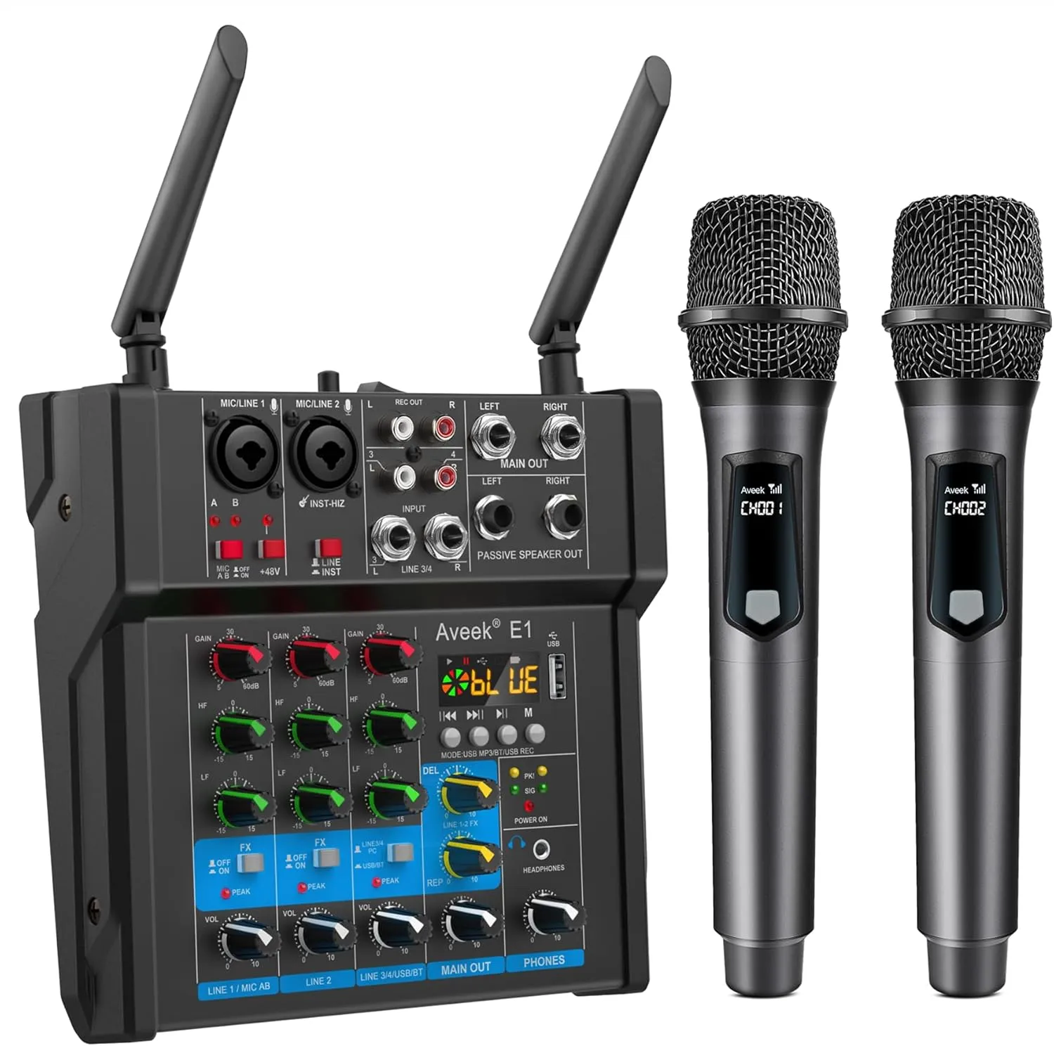Aveek 150W x2 Powered Amplifier Audio Mixer,4 Channel With Dual Wireless Mic Sound Board Console MP3 Digital USB Bluetooth Computer Input 48V Phantom Power Stereo DJ Mixing for Karaoke Party