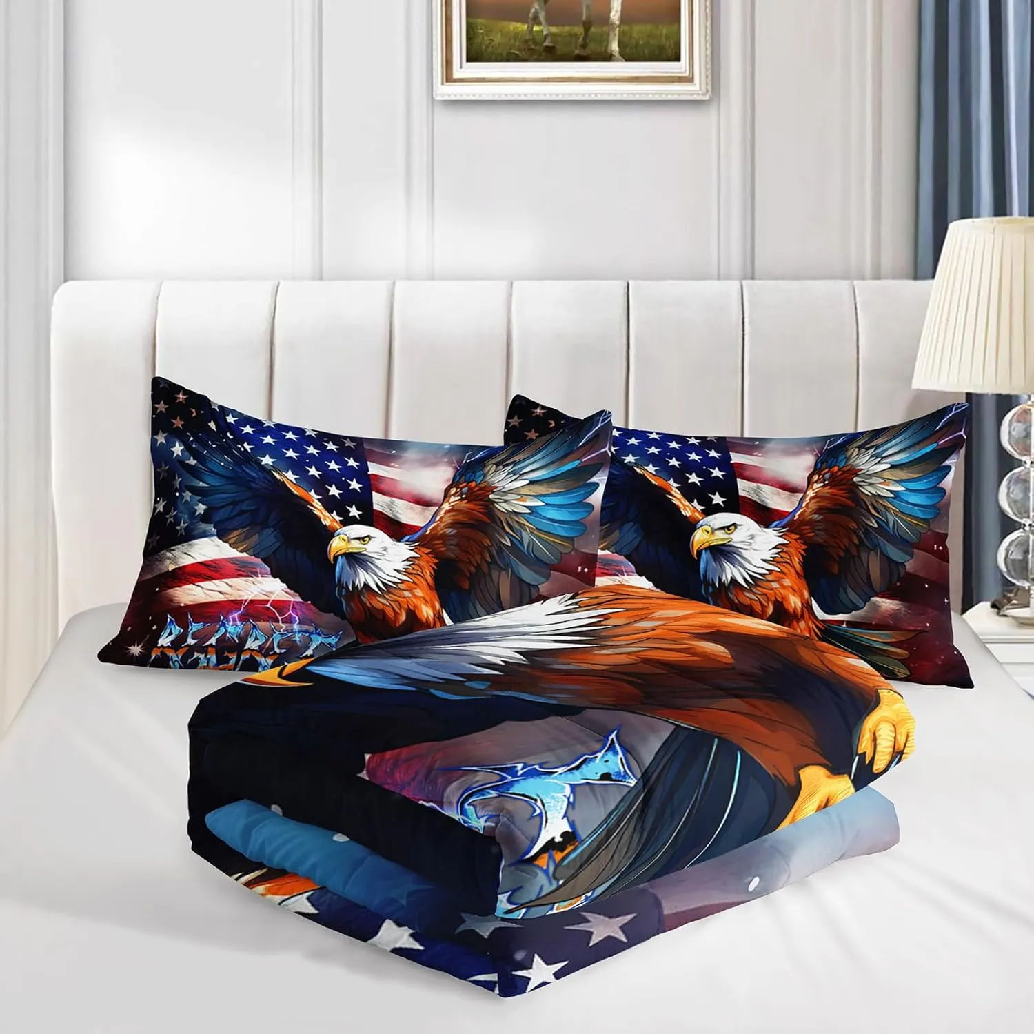Axolotl Eagles Comforter Set Twin,Eagles Fly Bedding Set,American Flag Comforter Set,Bald Eagle Bedding,Wild Animals Bird Comforter Set for Kids Boys Girls Teens Adults,1 Quilt 2 Pillowcases,Blue