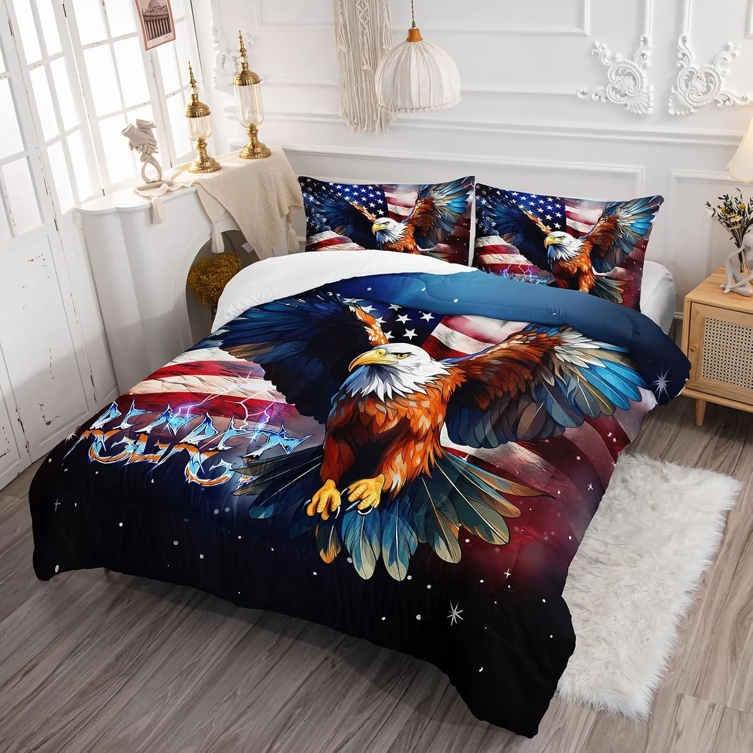 Axolotl Eagles Comforter Set Twin,Eagles Fly Bedding Set,American Flag Comforter Set,Bald Eagle Bedding,Wild Animals Bird Comforter Set for Kids Boys Girls Teens Adults,1 Quilt 2 Pillowcases,Blue
