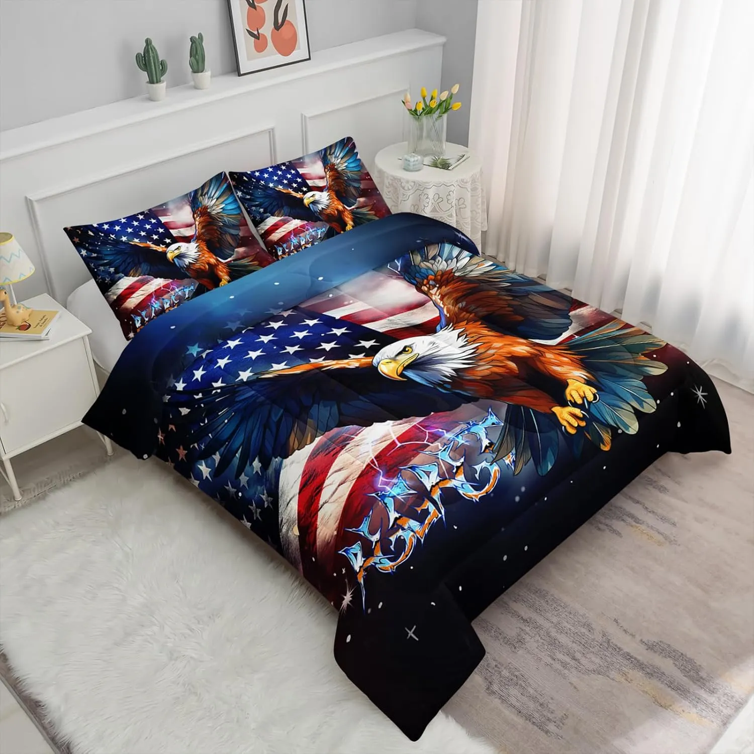 Axolotl Eagles Comforter Set Twin,Eagles Fly Bedding Set,American Flag Comforter Set,Bald Eagle Bedding,Wild Animals Bird Comforter Set for Kids Boys Girls Teens Adults,1 Quilt 2 Pillowcases,Blue
