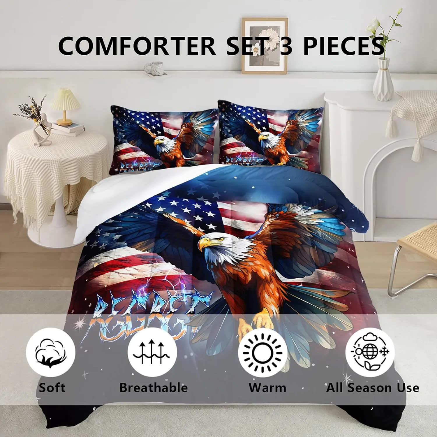 Axolotl Eagles Comforter Set Twin,Eagles Fly Bedding Set,American Flag Comforter Set,Bald Eagle Bedding,Wild Animals Bird Comforter Set for Kids Boys Girls Teens Adults,1 Quilt 2 Pillowcases,Blue