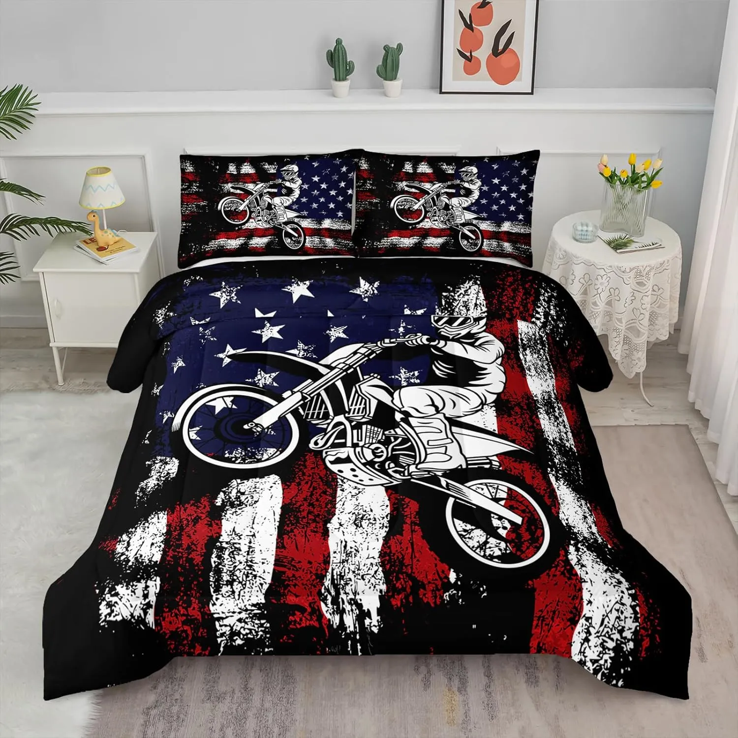 Axolotl Motivational Dirt Bike American Flag Bedding with White Red Stripes Stars Motorcycle Racer Comforter for Boys Kids Teens Men - 1 Quilt 2 Pillowcases