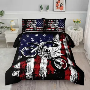 Axolotl Motivational Dirt Bike American Flag Bedding with White Red Stripes Stars Motorcycle Racer Comforter for Boys Kids Teens Men - 1 Quilt 2 Pillowcases