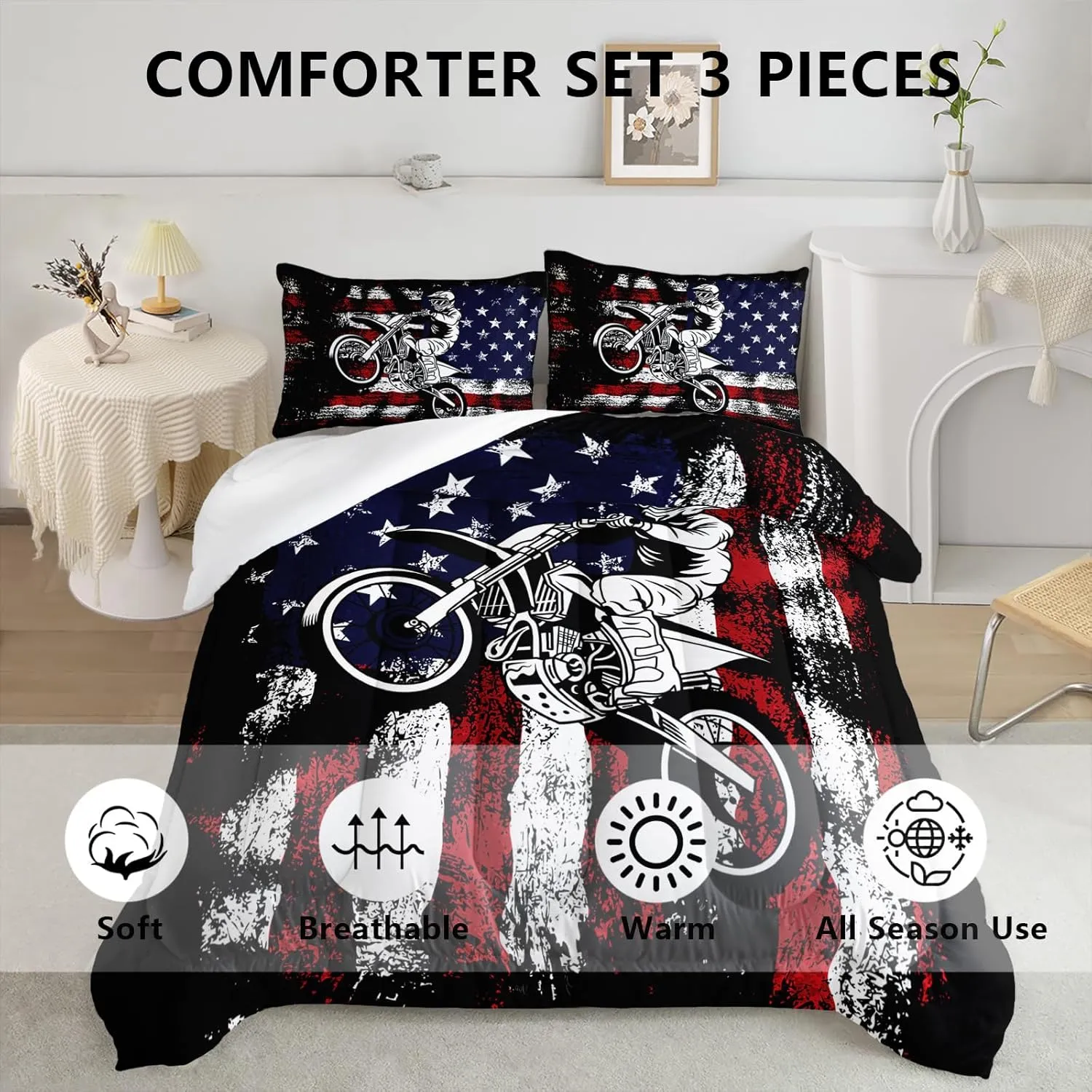 Axolotl Motivational Dirt Bike American Flag Bedding with White Red Stripes Stars Motorcycle Racer Comforter for Boys Kids Teens Men - 1 Quilt 2 Pillowcases