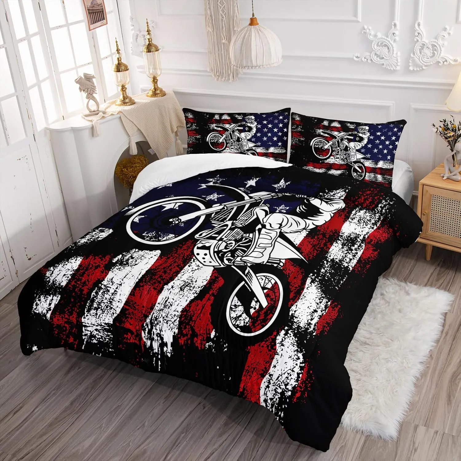 Axolotl Motivational Dirt Bike American Flag Bedding with White Red Stripes Stars Motorcycle Racer Comforter for Boys Kids Teens Men - 1 Quilt 2 Pillowcases