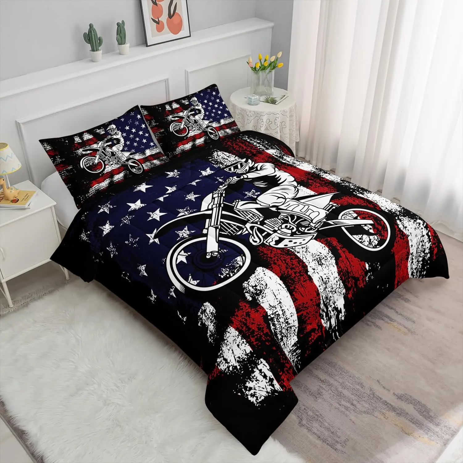 Axolotl Motivational Dirt Bike American Flag Bedding with White Red Stripes Stars Motorcycle Racer Comforter for Boys Kids Teens Men - 1 Quilt 2 Pillowcases