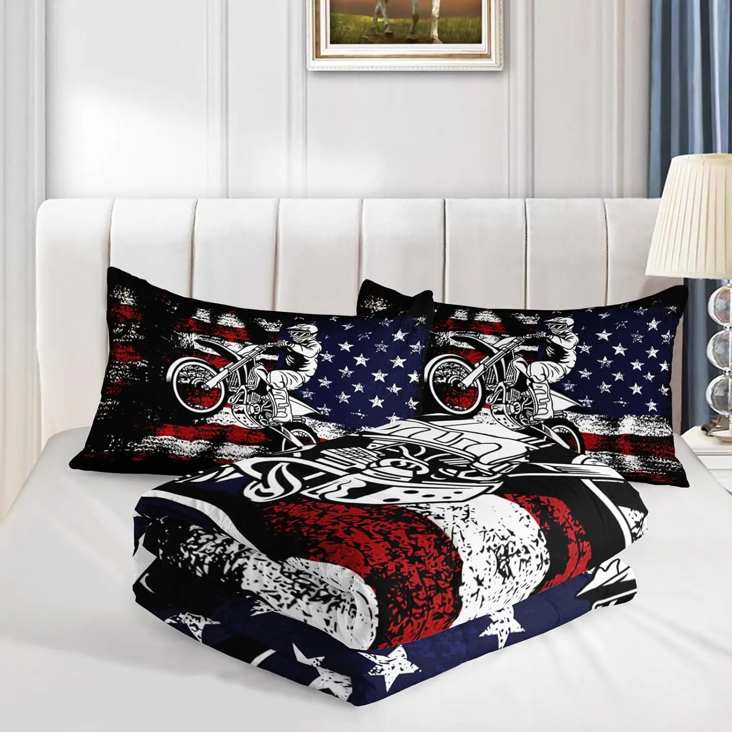 Axolotl Motivational Dirt Bike American Flag Bedding with White Red Stripes Stars Motorcycle Racer Comforter for Boys Kids Teens Men - 1 Quilt 2 Pillowcases