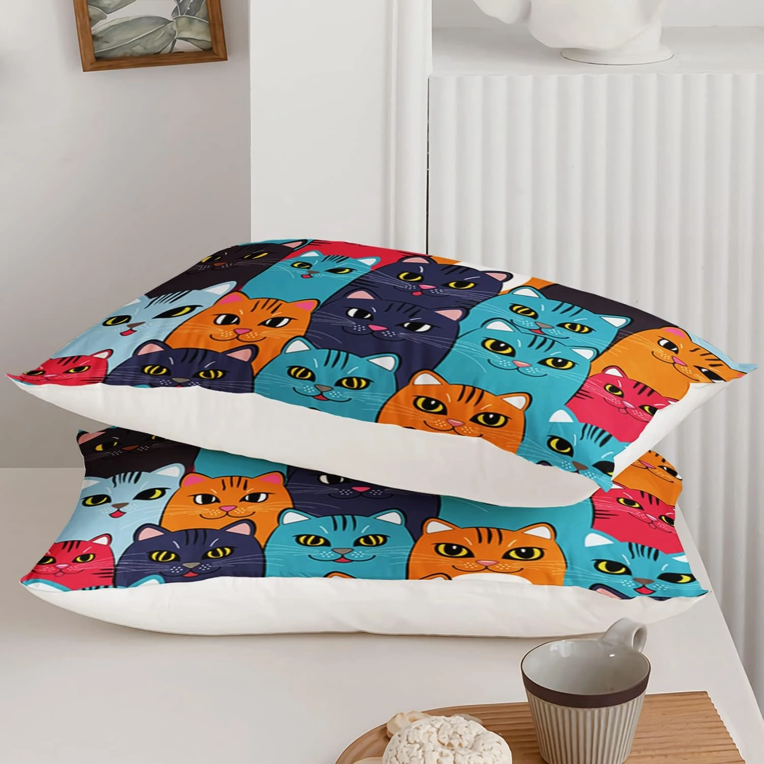 Axolotl Kids Cat Bedding Set, Twin Size, 3 Pcs (1 Comforter   2 Pillow Cases), Multicolor, Cat Pattern