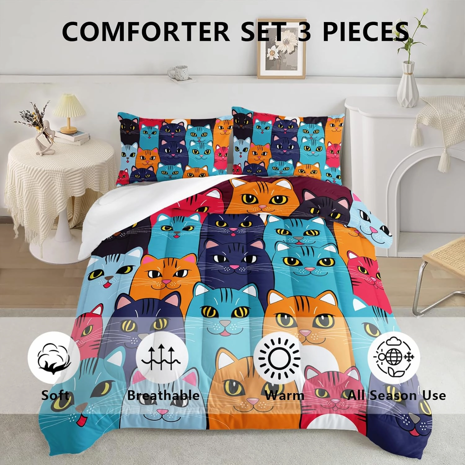 Axolotl Kids Cat Bedding Set, Twin Size, 3 Pcs (1 Comforter   2 Pillow Cases), Multicolor, Cat Pattern