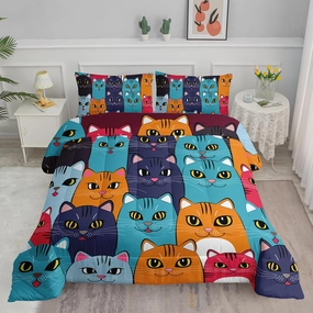 Axolotl Kids Cat Bedding Set, Twin Size, 3 Pcs (1 Comforter   2 Pillow Cases), Multicolor, Cat Pattern