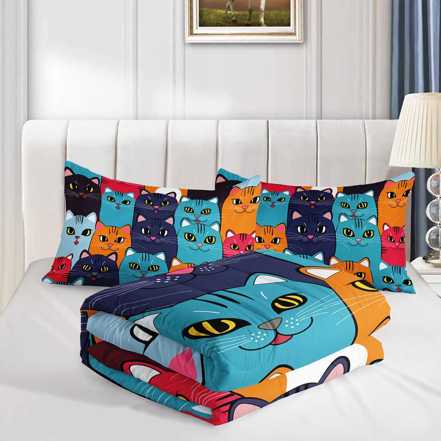 Axolotl Kids Cat Bedding Set, Twin Size, 3 Pcs (1 Comforter   2 Pillow Cases), Multicolor, Cat Pattern