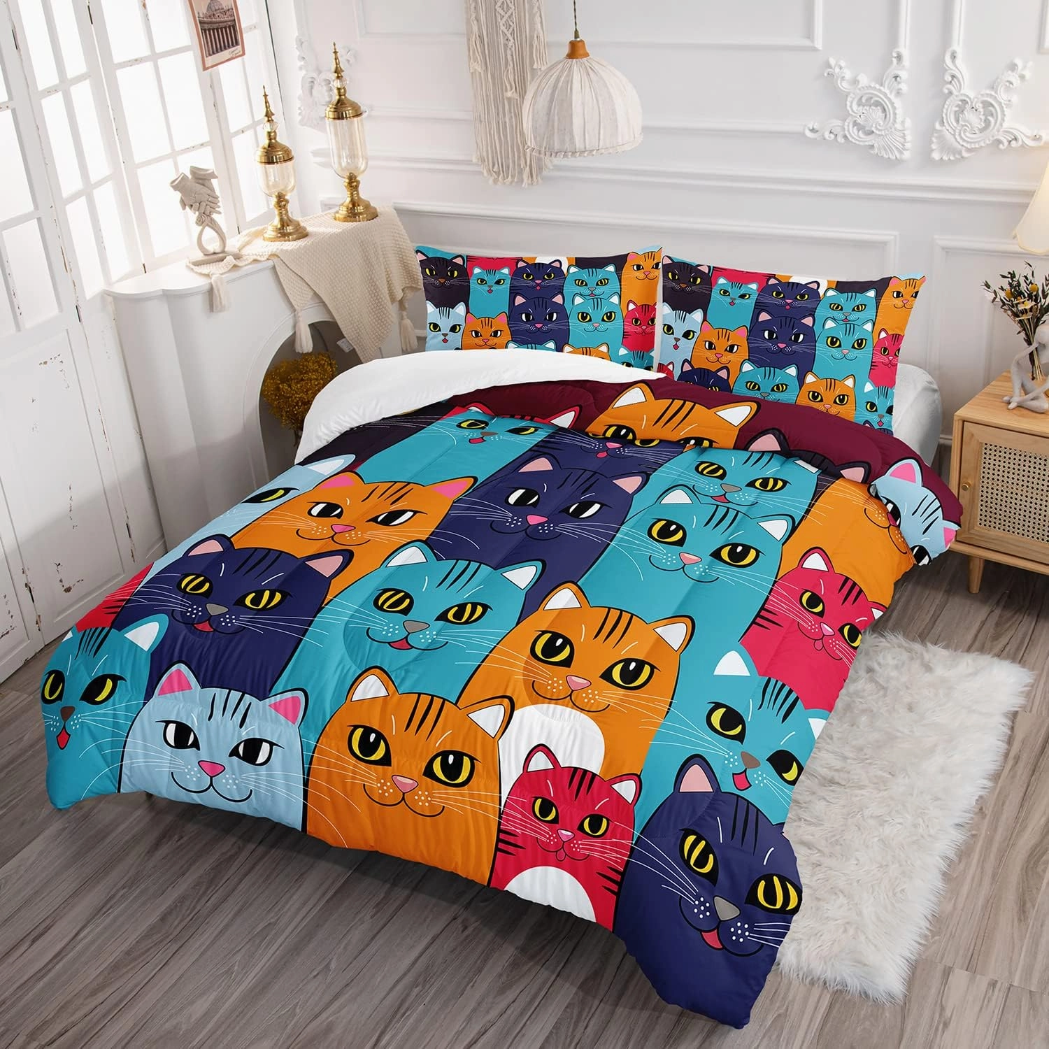 Axolotl Kids Cat Bedding Set, Twin Size, 3 Pcs (1 Comforter   2 Pillow Cases), Multicolor, Cat Pattern