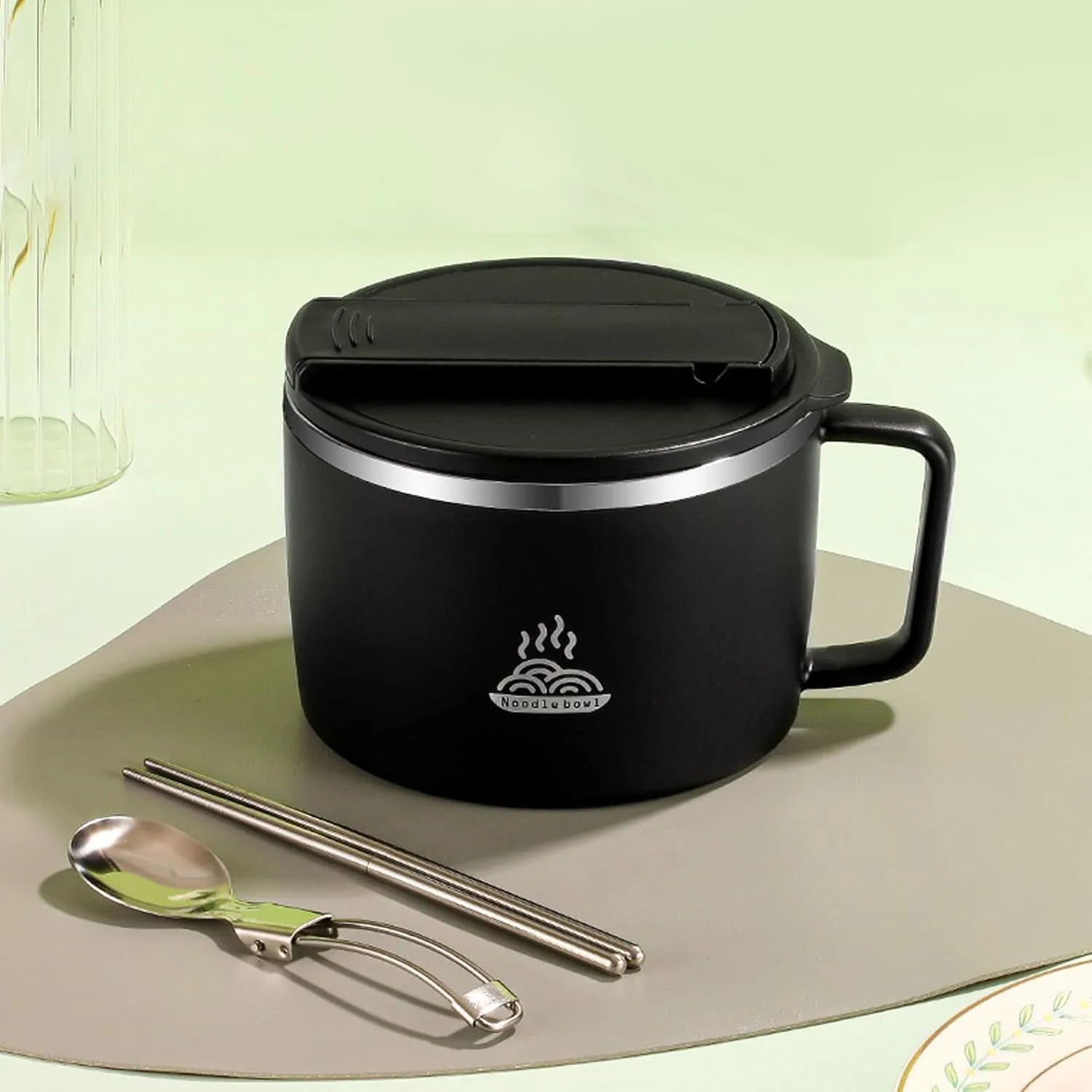 AYNEFY Stainless Steel Noodles Bowl,1200ml Portable Round Ramen Cooker Bowl with Chopsticks and Spork for Outdoor Dormitory Office Work Travel Picnic (Black)