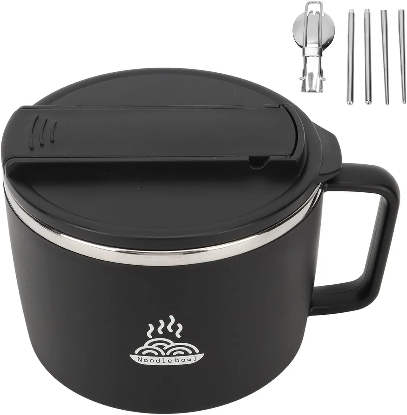AYNEFY Stainless Steel Noodles Bowl,1200ml Portable Round Ramen Cooker Bowl with Chopsticks and Spork for Outdoor Dormitory Office Work Travel Picnic (Black)