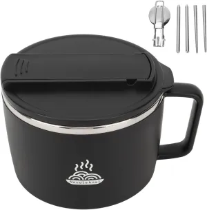 AYNEFY Stainless Steel Noodles Bowl,1200ml Portable Round Ramen Cooker Bowl with Chopsticks and Spork for Outdoor Dormitory Office Work Travel Picnic (Black)