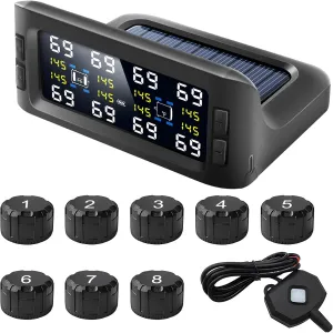B-Qtech Tire Pressure Monitoring System Solar RV TPMS【4/6/8 Tire Switching】 with 8 Sensors & Signal Booster for Tow Trailer, 199Psi/13.7Bar, 7 Alert Modes Real Time Alarm System