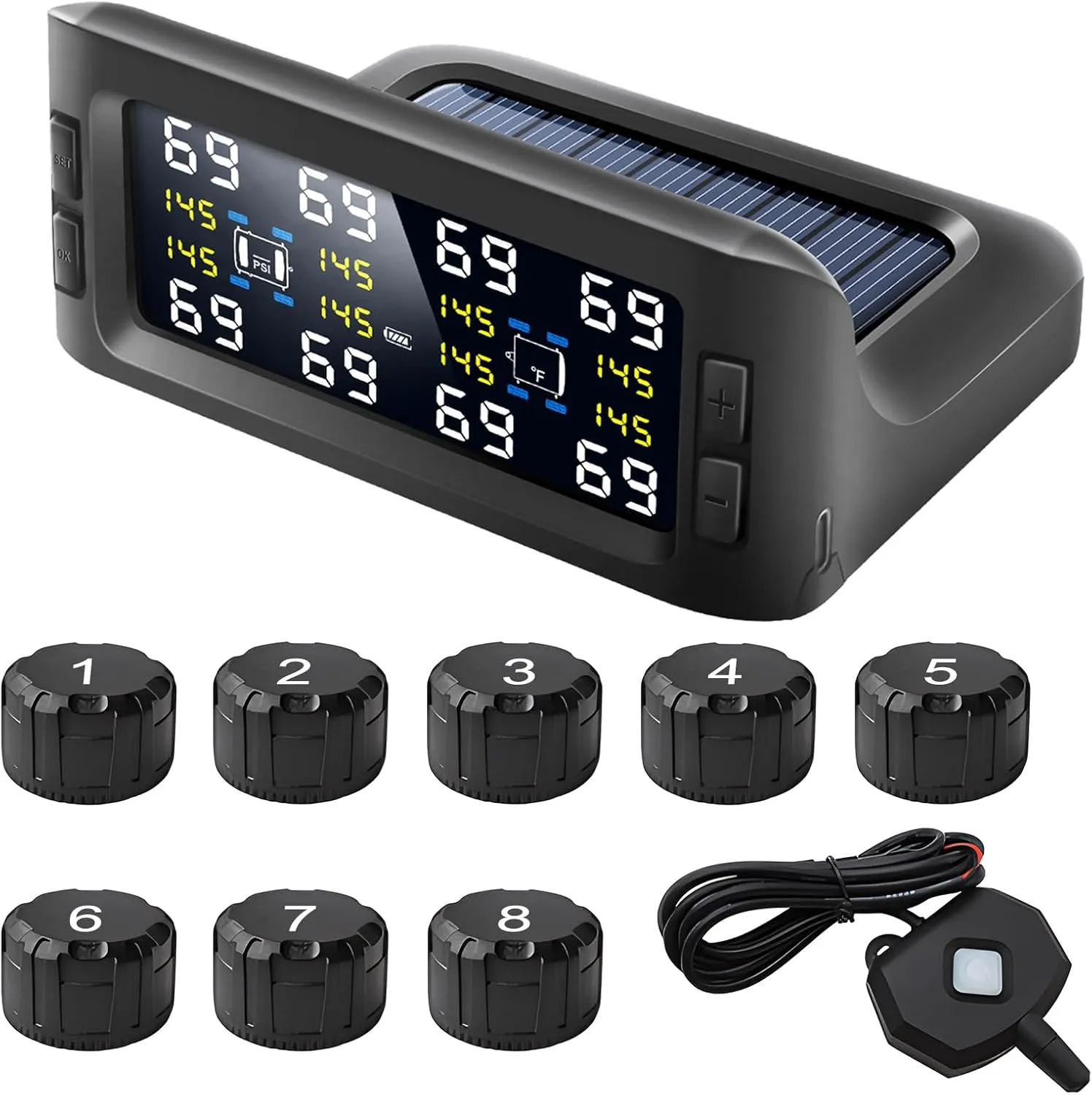 B-Qtech Tire Pressure Monitoring System Solar RV TPMS【4/6/8 Tire Switching】 with 8 Sensors & Signal Booster for Tow Trailer, 199Psi/13.7Bar, 7 Alert Modes Real Time Alarm System