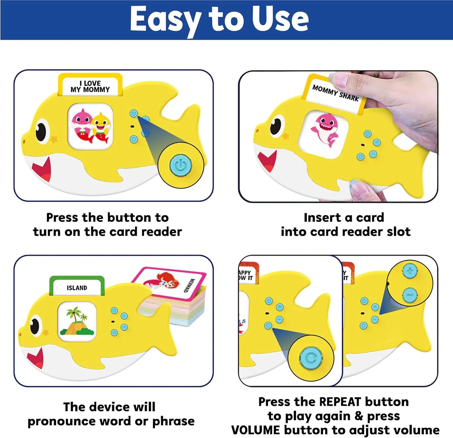 Baby Shark Flash Cards for Toddlers 2-4 Years | Sensory Toys for Autism and Autistic Non-Verbal Kids Ages 2 3 4 5 6 | Speech Therapy Learning Toys with Music, Phrases, ABC, Numbers, Sight Words