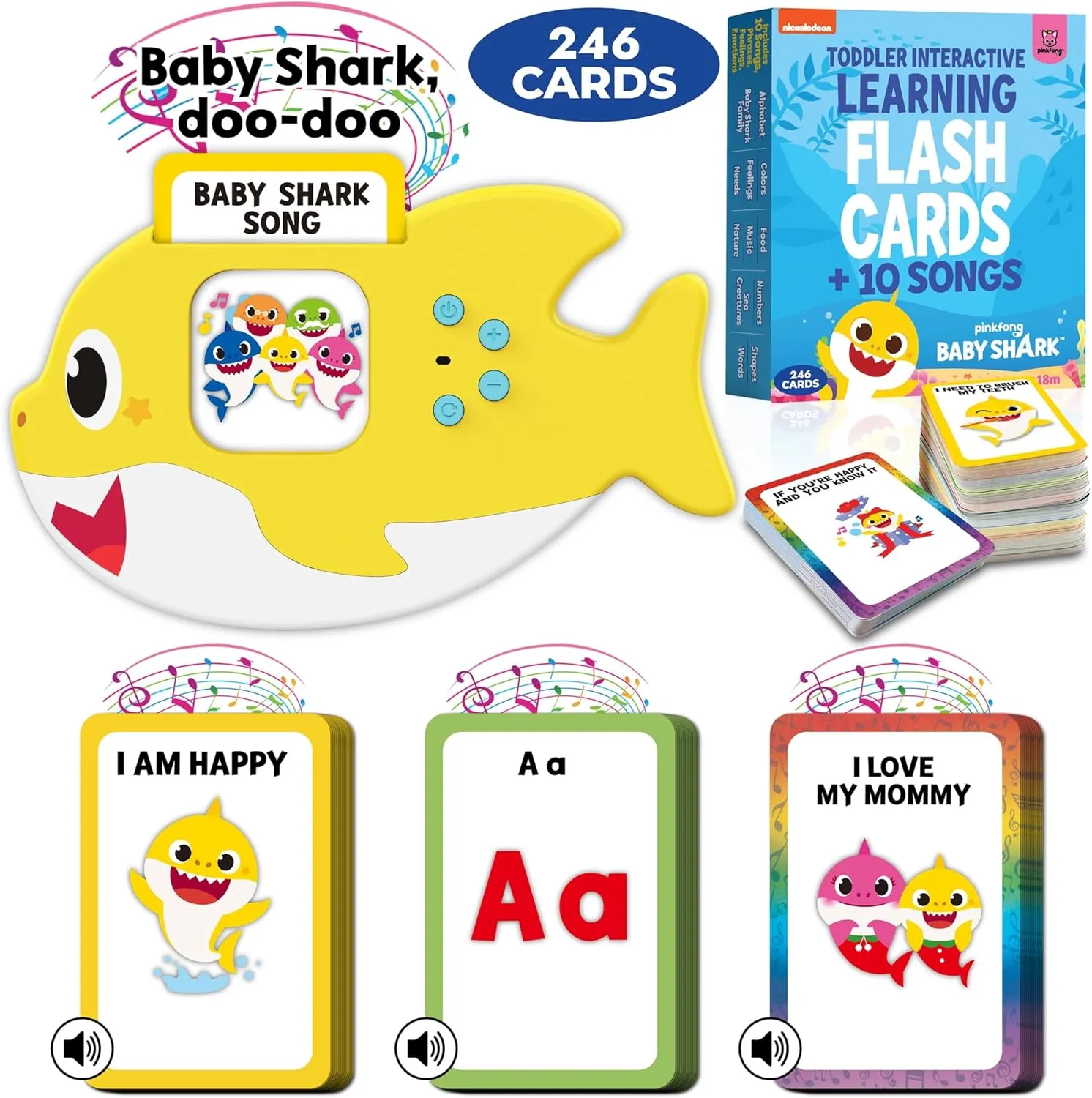 Baby Shark Flash Cards for Toddlers 2-4 Years | Sensory Toys for Autism and Autistic Non-Verbal Kids Ages 2 3 4 5 6 | Speech Therapy Learning Toys with Music, Phrases, ABC, Numbers, Sight Words