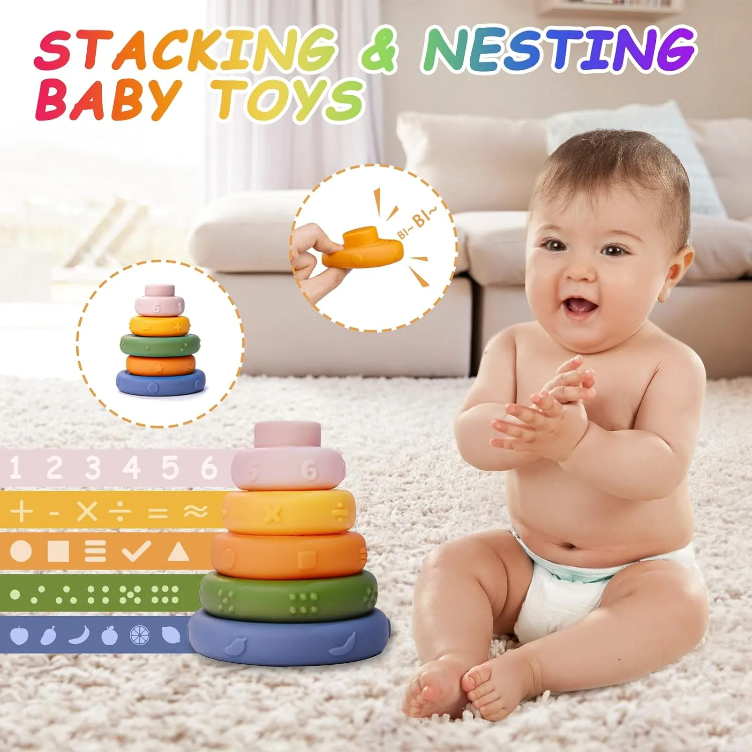 Baby Toys 6-12 Months, Montessori Toys for 1 Years Old, 6-in-1 Set Infant Toys with Sensory Toy, Spinner for Babies, Stacking Toy for Toddlers 1-3 Learning, Gifts for Toddler Newborn, 32PCS