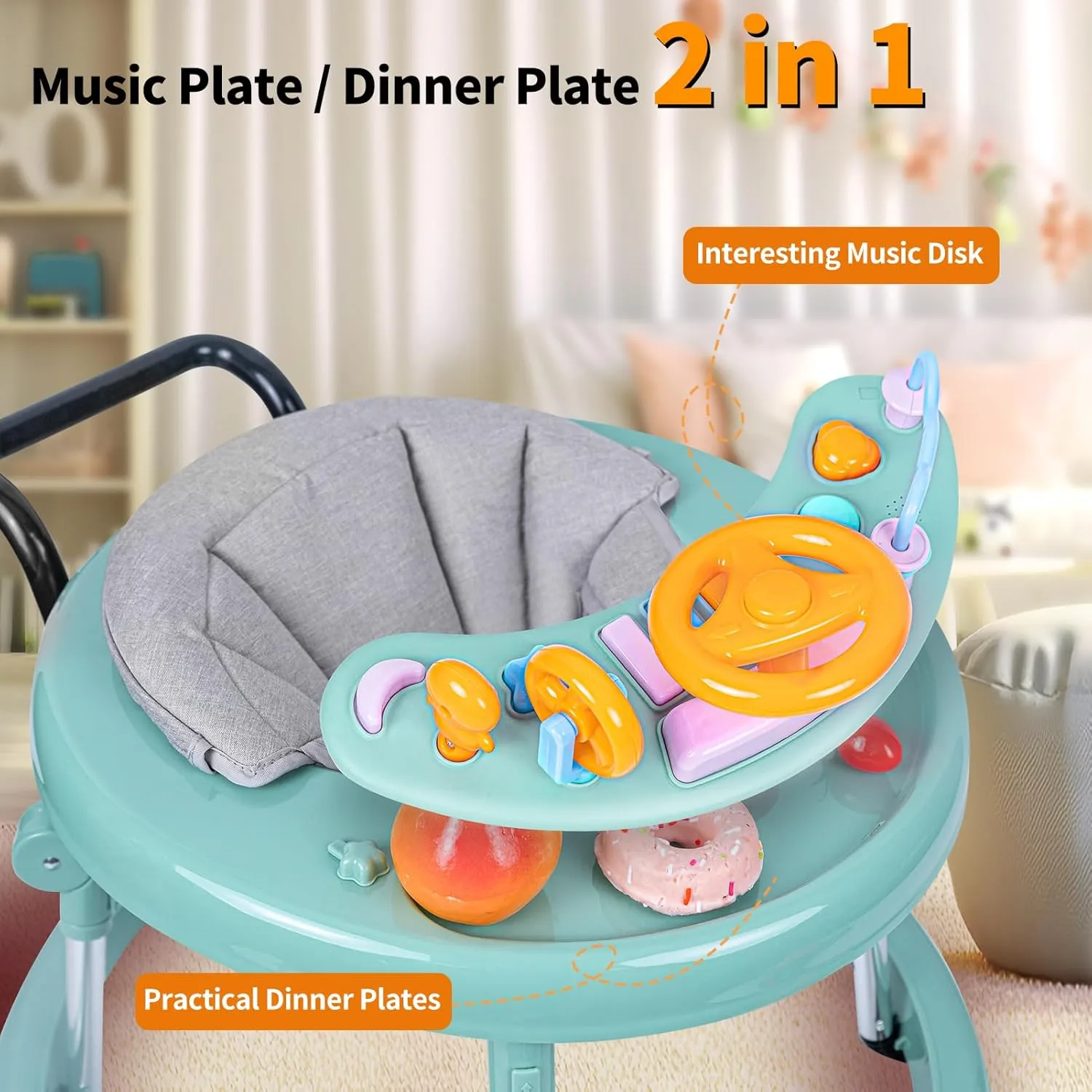 Baby Walker, Foldable 9-Gear Height Adjustable Baby Walker with Wheels, Infant Toddler Walker with Music Disk, Anti-Fall Baby Walkers and Activity Center with Foot Pads for Boys and Girls 6-24 Months