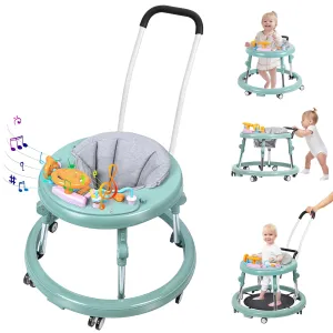 Baby Walker, Foldable 9-Gear Height Adjustable Baby Walker with Wheels, Infant Toddler Walker with Music Disk, Anti-Fall Baby Walkers and Activity Center with Foot Pads for Boys and Girls 6-24 Months